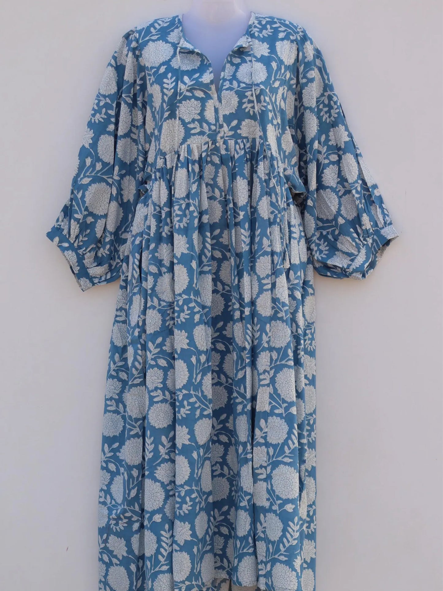 Beach blue block printed long maxi dress