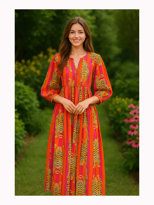 Orange Stripes Tiger Midi Dress, Mini Dress
