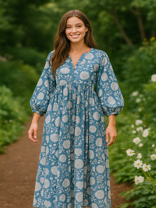 Beach blue block printed long maxi dress